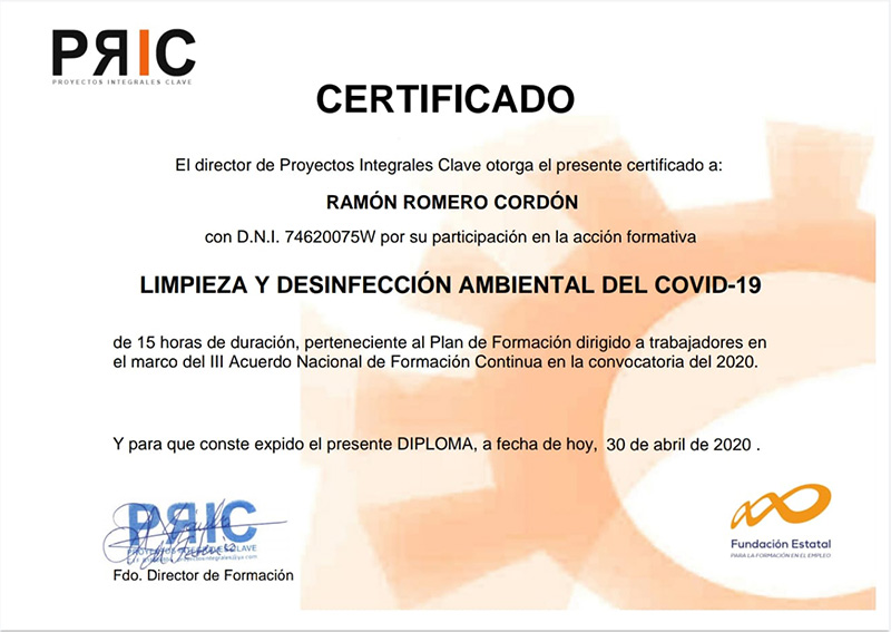 Certificado de formación en desinfección de coronavirus